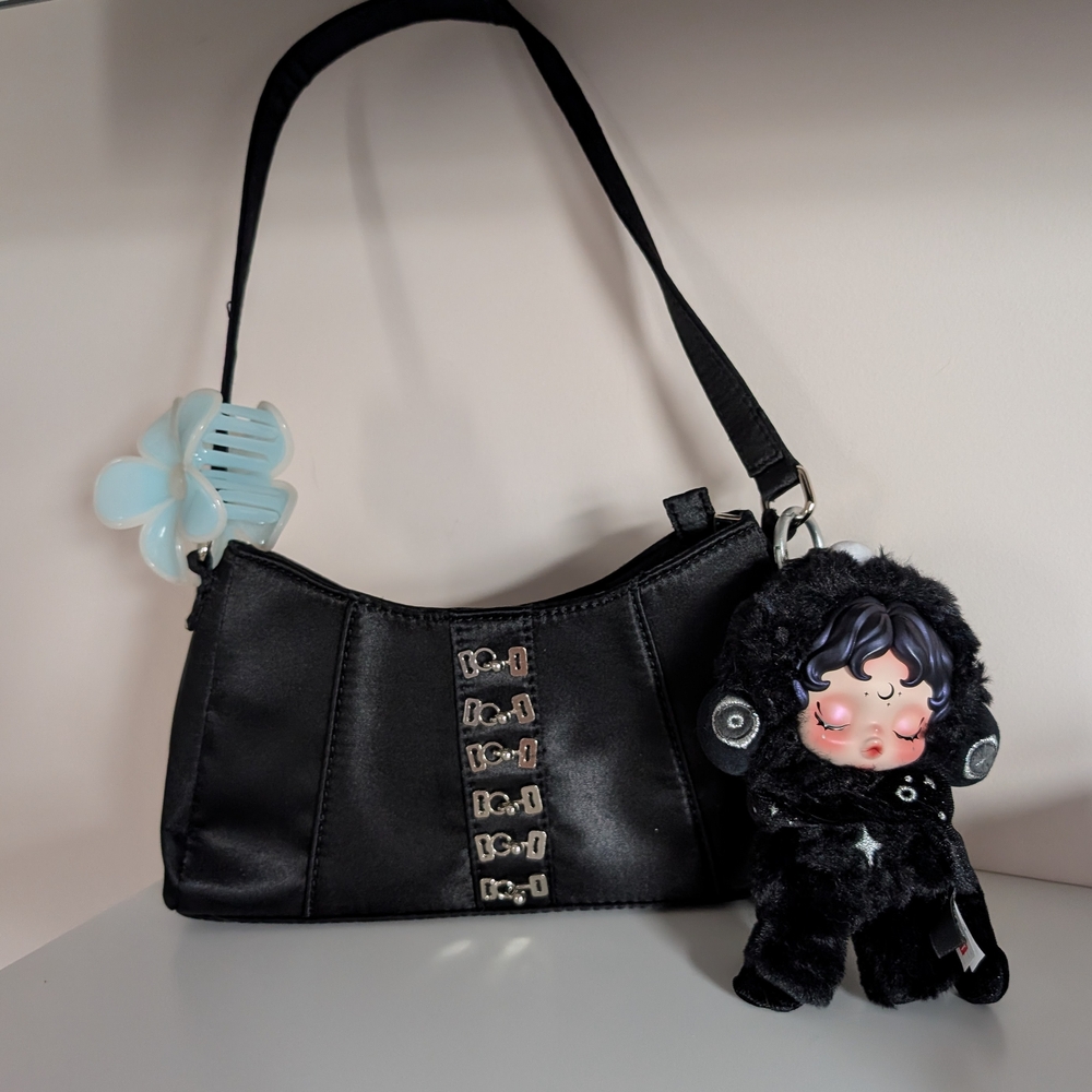 y2k black satin corset with hook closure bag